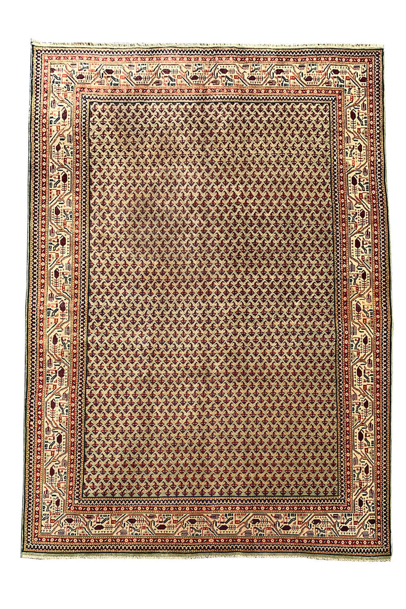 Authentic Hand Knotted Vintage Badam Gul Wool Area Rug 9.8 X 6.3 Ft (441 Ger)