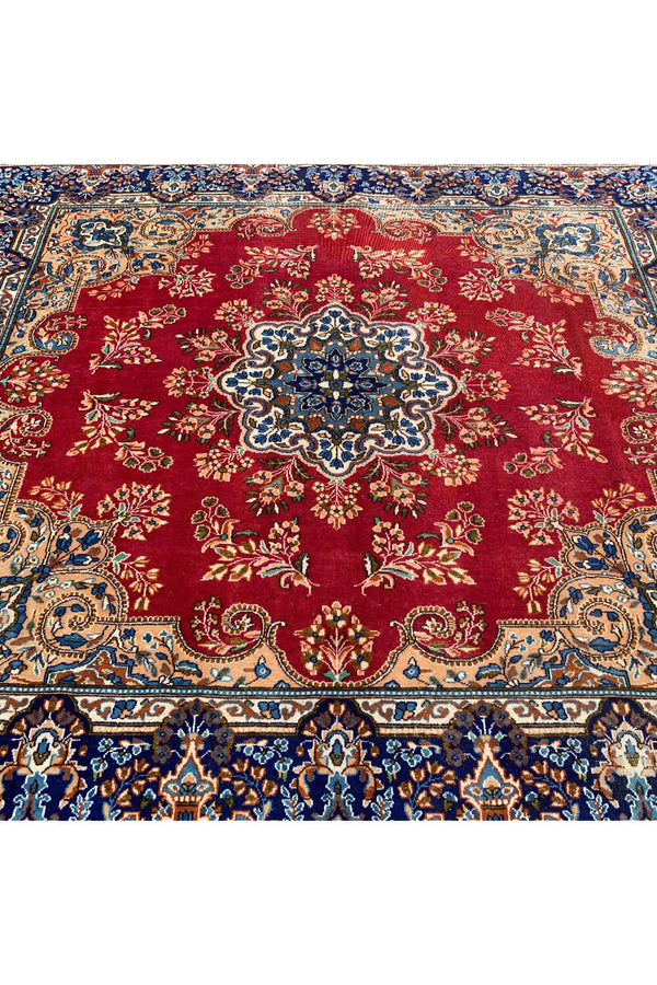 Distressed Hand Knotted Vintage Qirmoun Wool Area Rug 7.5 X 6.8 Ft (383 Ger)