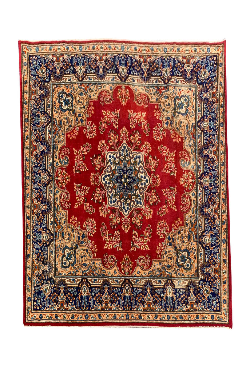 Distressed Hand Knotted Vintage Qirmoun Wool Area Rug 7.5 X 6.8 Ft (383 Ger)