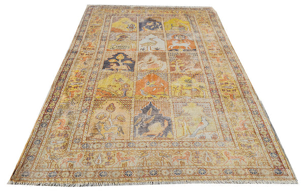 Authentic Hand Knotted Vintage Turkish Pictorial Silk Area Rug 4.3 x 3.0 Ft